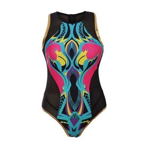 High Waist Flamingo Print One Piece Swim Suit